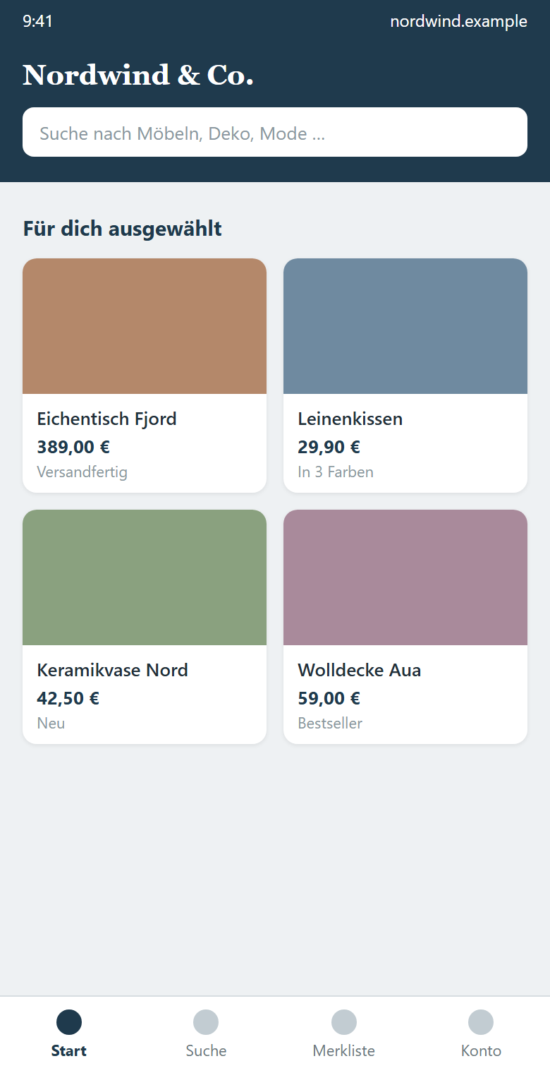 Screenshot der Nordwind-App mit der Startansicht